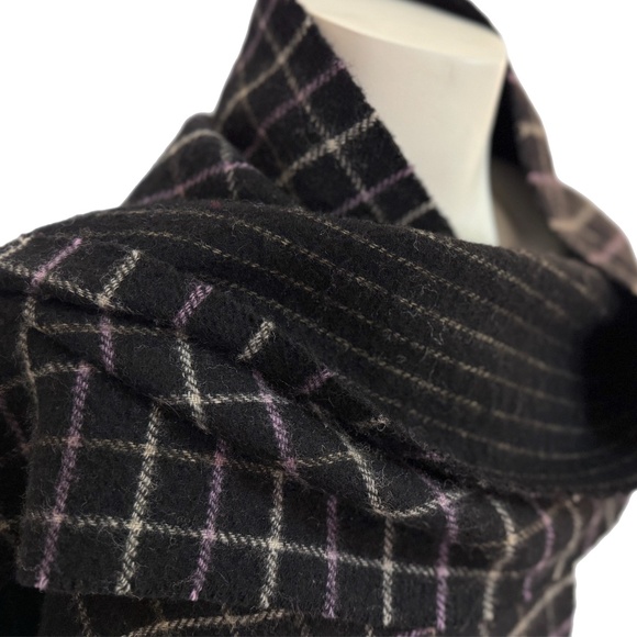 SUSU Wool Cashmere Reversible Scarf - Grid & Pinstripe - Black Purple Cream - Picture 4 of 10